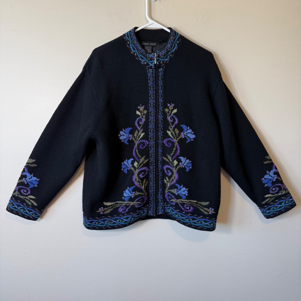 VTG Nomadic Traders 100% Lambswool Floral Knit Zip Sweater Jacket Black Purple